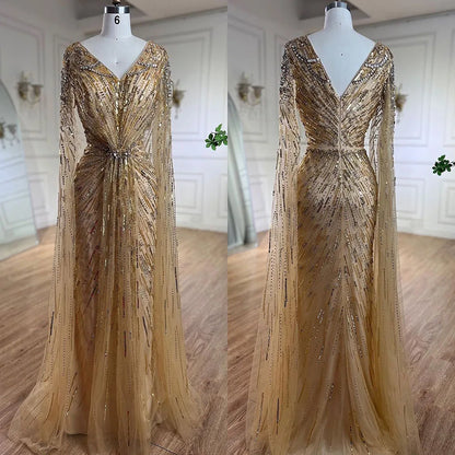 Luxury Arabic Turquoise Mermaid Beaded Cape Sleeves Elegant Evening Dresses Gowns LA72168