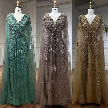 Luxury Arabic Turquoise Mermaid Beaded Cape Sleeves Elegant Evening Dresses Gowns LA72168
