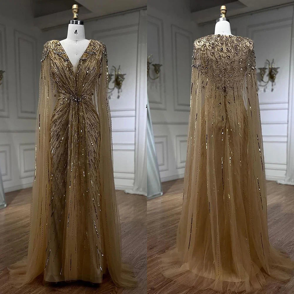 Luxury Arabic Turquoise Mermaid Beaded Cape Sleeves Elegant Evening Dresses Gowns LA72168