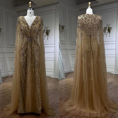 Luxury Arabic Turquoise Mermaid Beaded Cape Sleeves Elegant Evening Dresses Gowns LA72168
