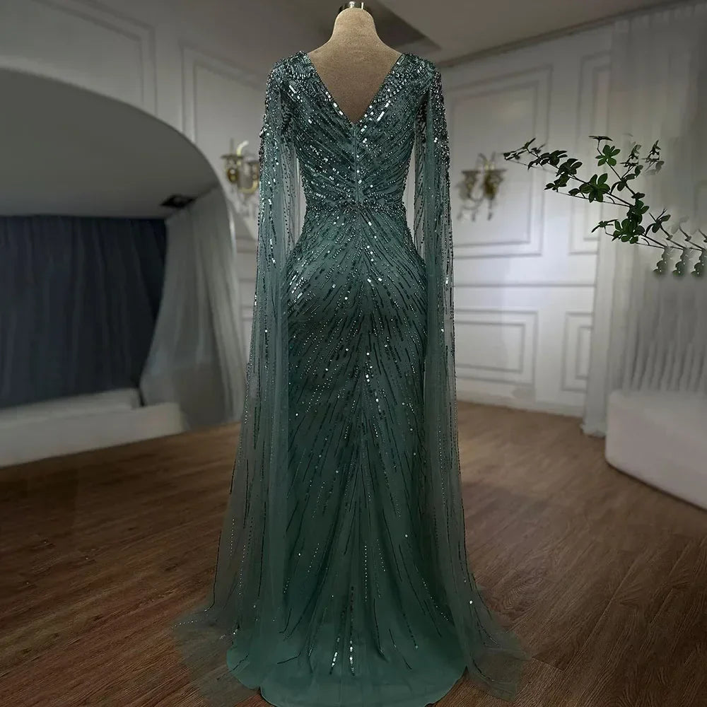 Luxury Arabic Turquoise Mermaid Beaded Cape Sleeves Elegant Evening Dresses Gowns LA72168