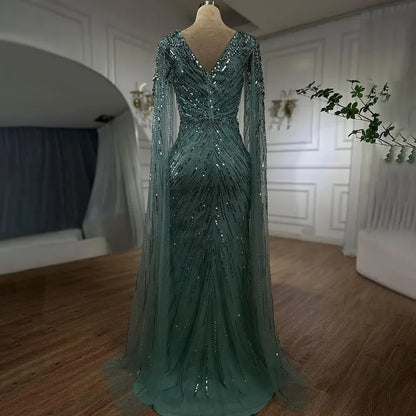 Luxury Arabic Turquoise Mermaid Beaded Cape Sleeves Elegant Evening Dresses Gowns LA72168