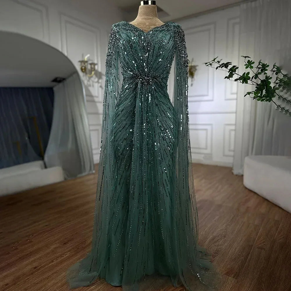 Luxury Arabic Turquoise Mermaid Beaded Cape Sleeves Elegant Evening Dresses Gowns LA72168