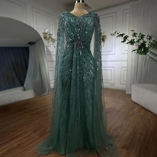 Luxury Arabic Turquoise Mermaid Beaded Cape Sleeves Elegant Evening Dresses Gowns LA72168