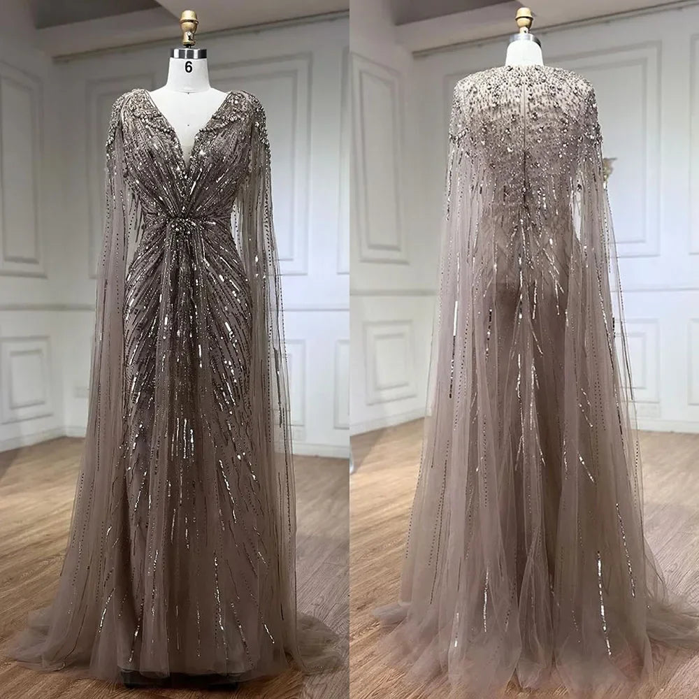 Luxury Arabic Turquoise Mermaid Beaded Cape Sleeves Elegant Evening Dresses Gowns LA72168