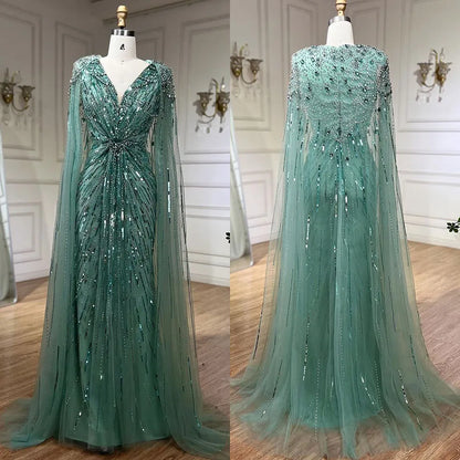 Luxury Arabic Turquoise Mermaid Beaded Cape Sleeves Elegant Evening Dresses Gowns LA72168