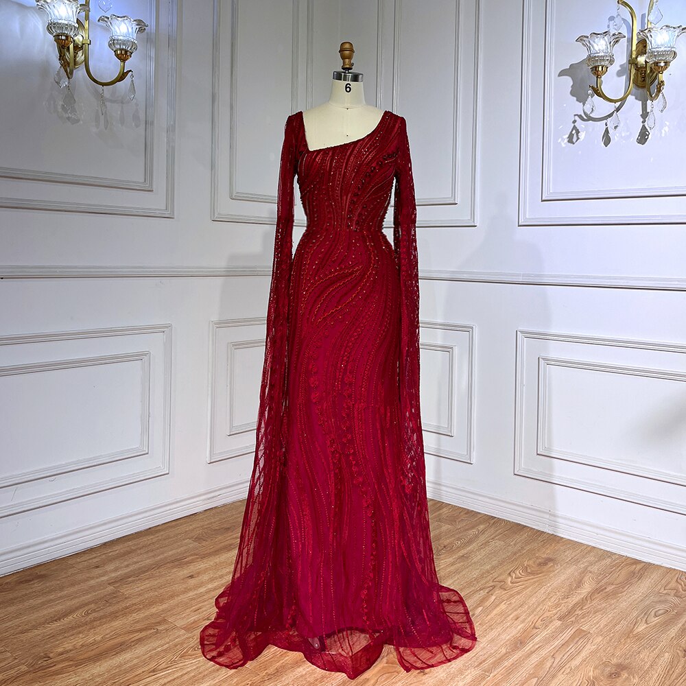 Elegant Wine Red Mermaid Evening Dresses with Long Sleeve LA71838