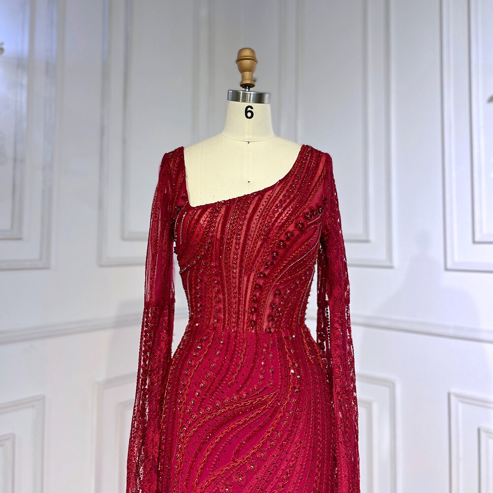 Elegant Wine Red Mermaid Evening Dresses with Long Sleeve LA71838