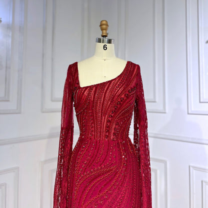 Elegant Wine Red Mermaid Evening Dresses with Long Sleeve LA71838