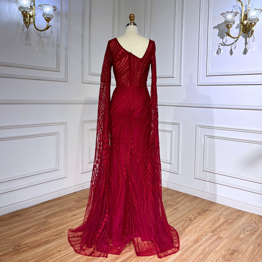 Elegant Wine Red Mermaid Evening Dresses with Long Sleeve LA71838