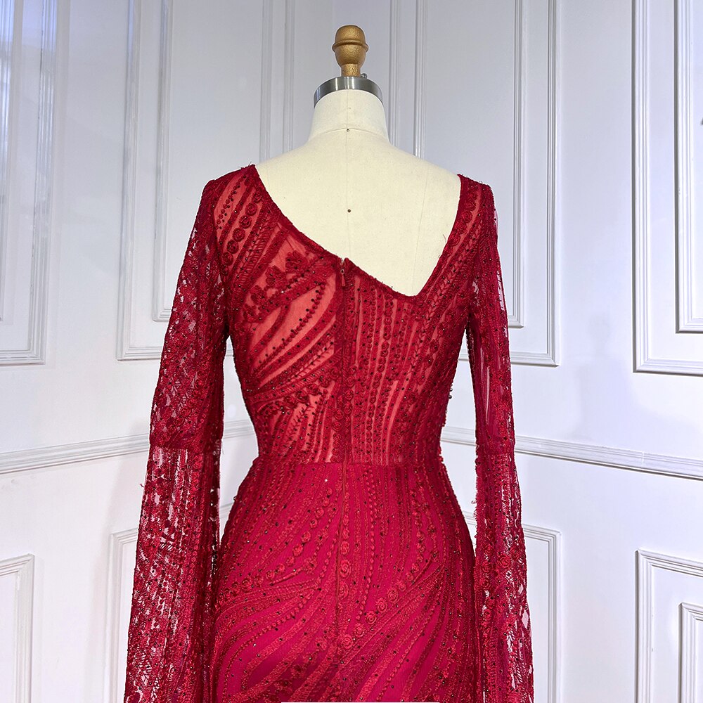 Elegant Wine Red Mermaid Evening Dresses with Long Sleeve LA71838