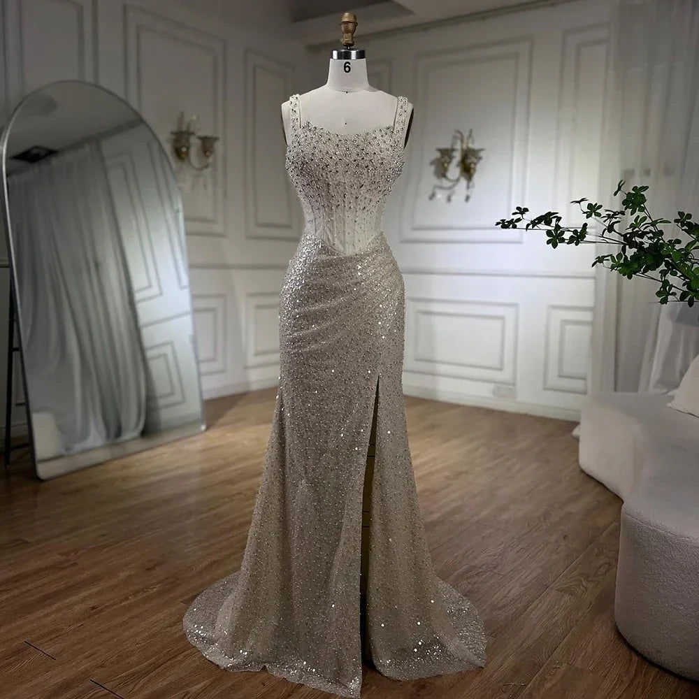 Luxury Dubai Beige Mermaid Floor Length Evening Gowns LA72163