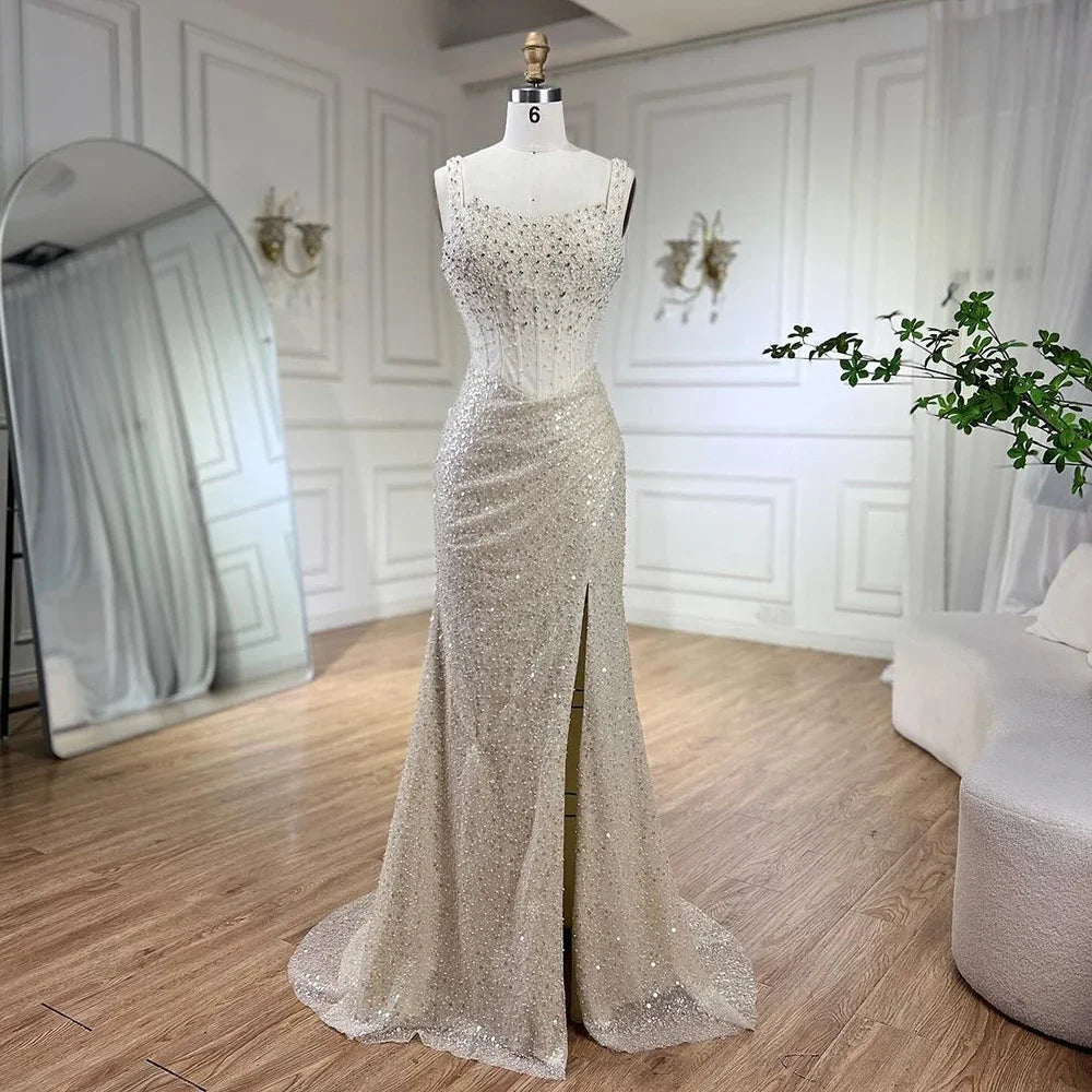 Luxury Dubai Beige Mermaid Floor Length Evening Gowns LA72163