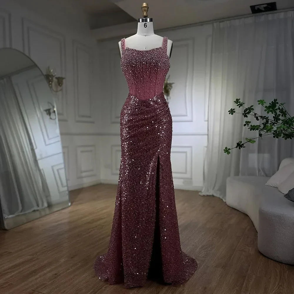 Luxury Dubai Beige Mermaid Floor Length Evening Gowns LA72163