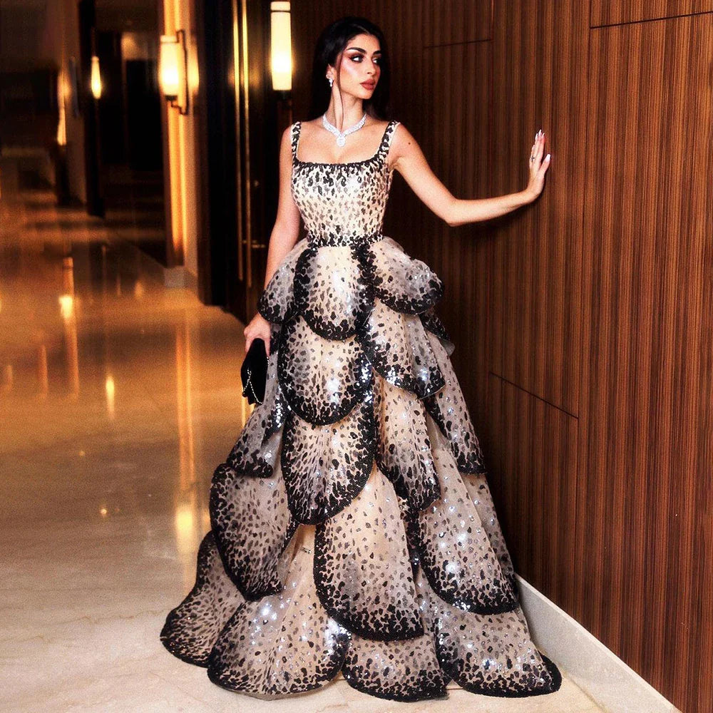 Designer Sparkly Sequin Tiered Ruffles Ball Gown Evening Dress LA72505