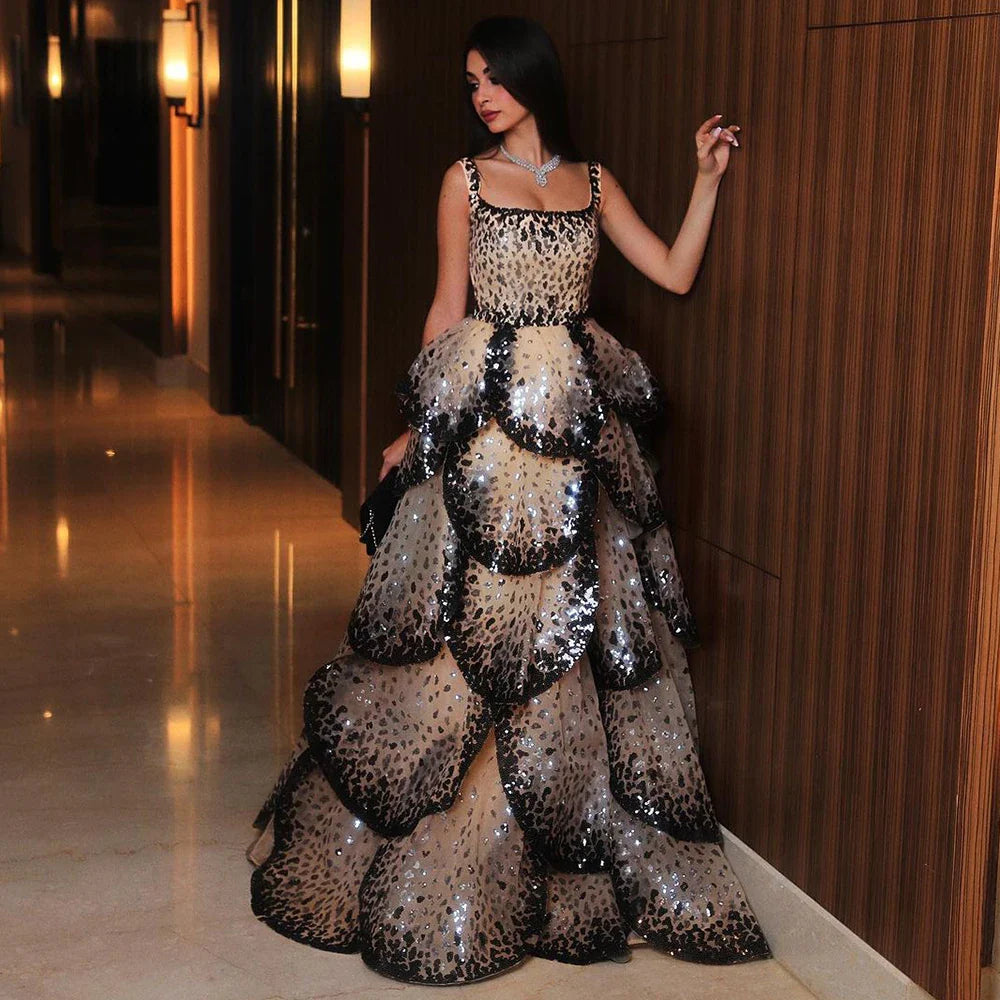 Designer Sparkly Sequin Tiered Ruffles Ball Gown Evening Dress LA72505