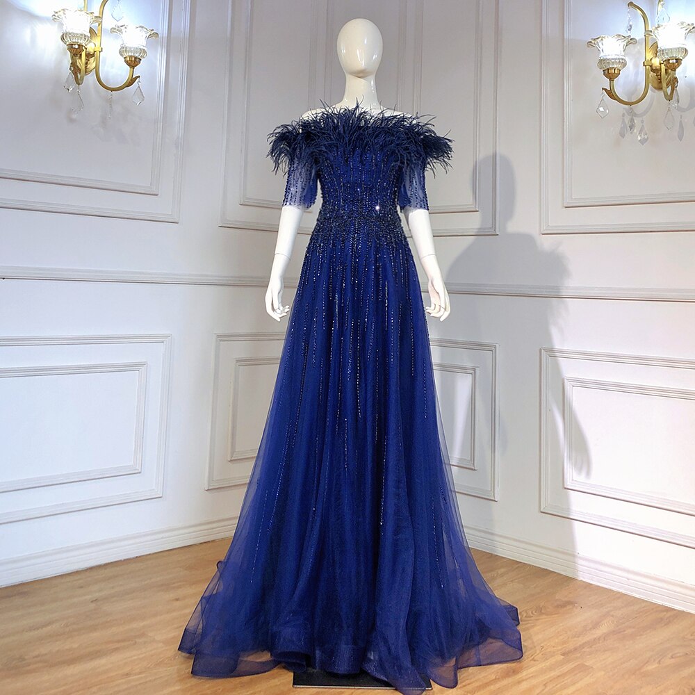Blue Boat Neck Luxury Evening Dresses Gowns 2026 Short Sleeves Beaded Feather A-Line  LA71524