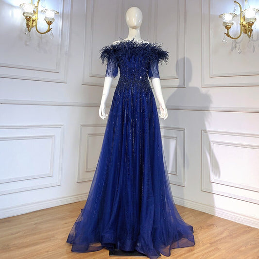 Blue Boat Neck Luxury Evening Dresses Gowns 2026 Short Sleeves Beaded Feather A-Line  LA71524