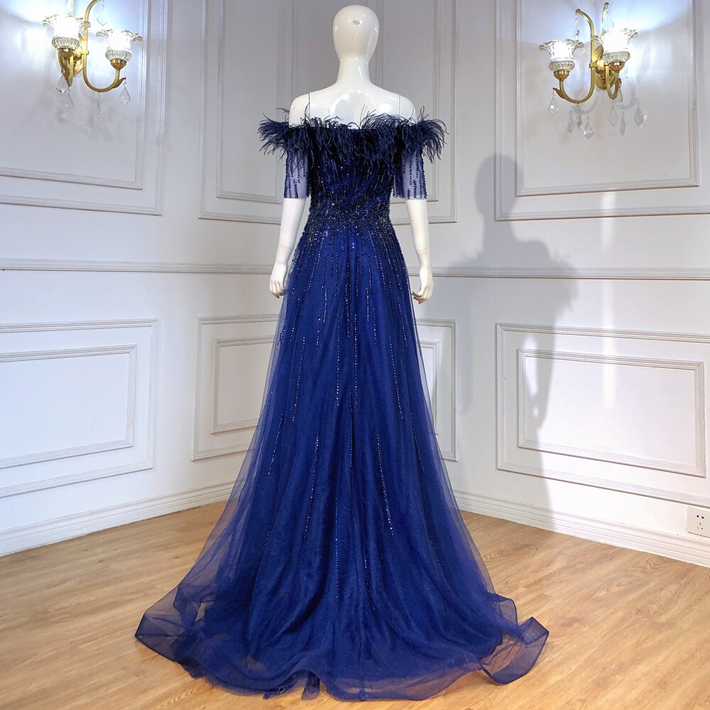 Blue Boat Neck Luxury Evening Dresses Gowns 2026 Short Sleeves Beaded Feather A-Line  LA71524
