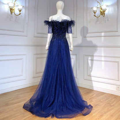 Blue Boat Neck Luxury Evening Dresses Gowns 2026 Short Sleeves Beaded Feather A-Line  LA71524