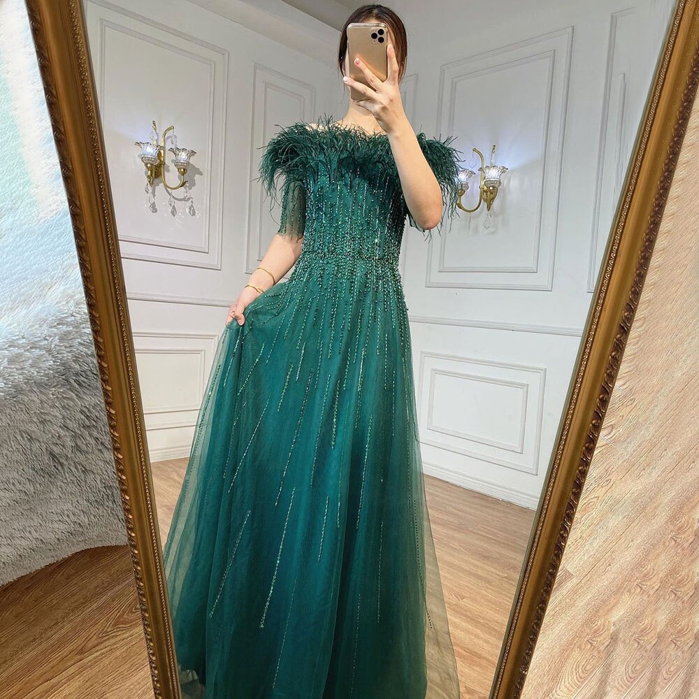 Blue Boat Neck Luxury Evening Dresses Gowns 2026 Short Sleeves Beaded Feather A-Line  LA71524