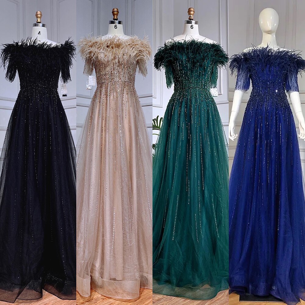 Blue Boat Neck Luxury Evening Dresses Gowns 2026 Short Sleeves Beaded Feather A-Line  LA71524