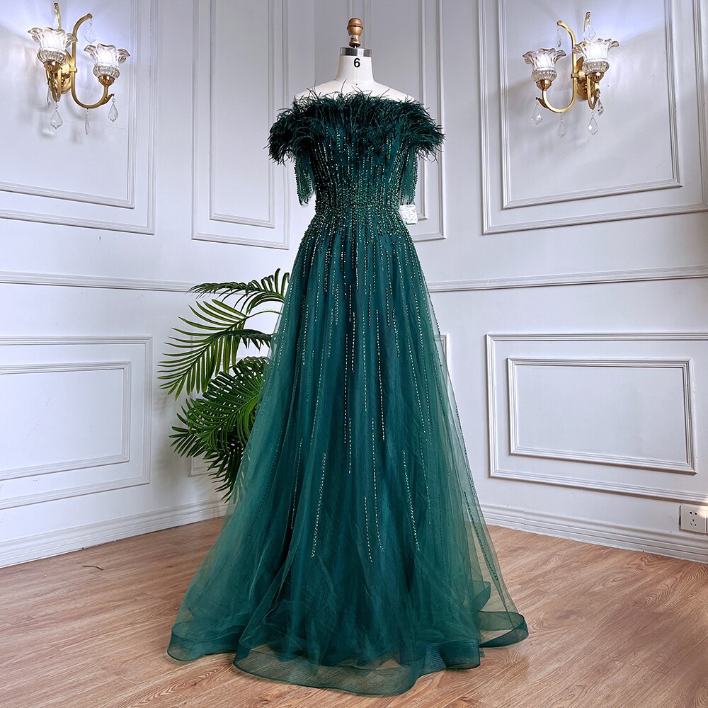 Blue Boat Neck Luxury Evening Dresses Gowns 2026 Short Sleeves Beaded Feather A-Line  LA71524