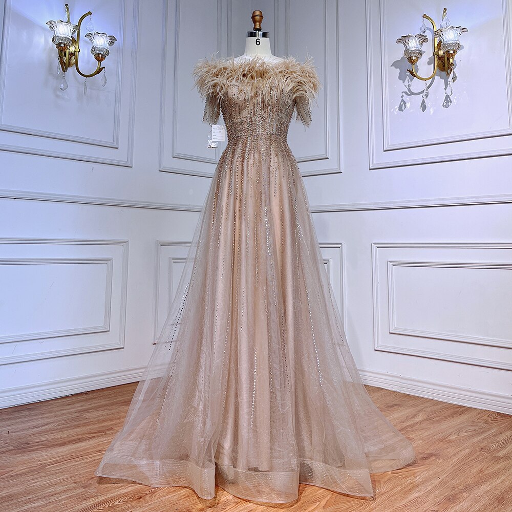 Blue Boat Neck Luxury Evening Dresses Gowns 2026 Short Sleeves Beaded Feather A-Line  LA71524