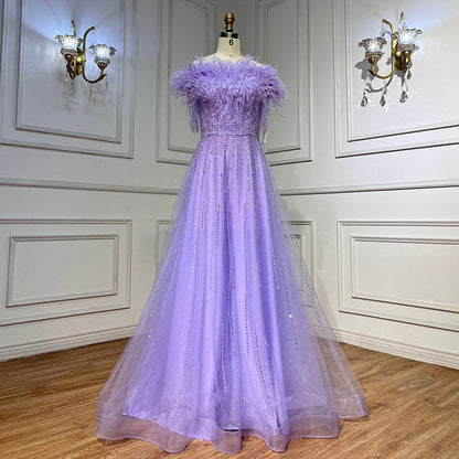 Blue Boat Neck Luxury Evening Dresses Gowns 2026 Short Sleeves Beaded Feather A-Line  LA71524