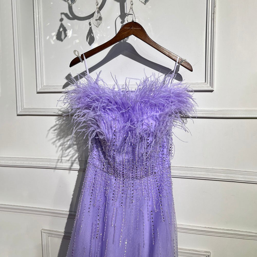 Blue Boat Neck Luxury Evening Dresses Gowns 2026 Short Sleeves Beaded Feather A-Line  LA71524
