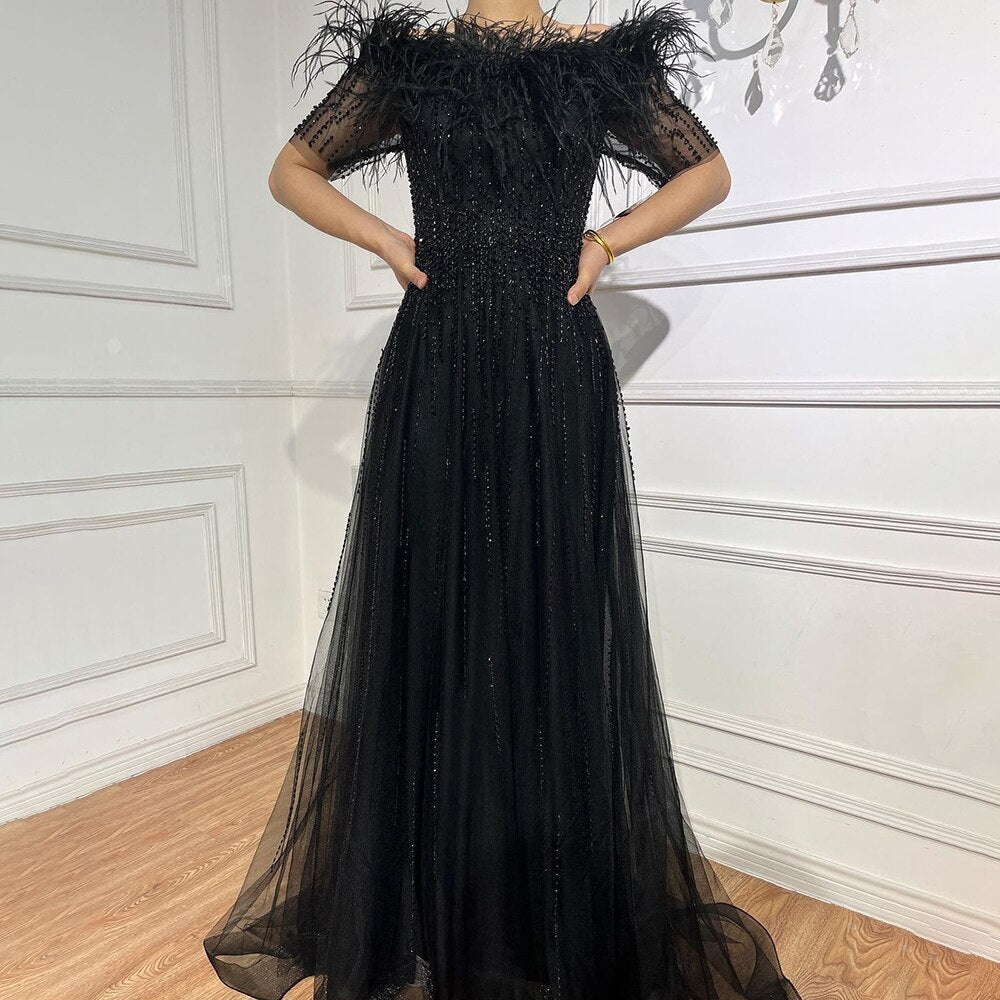 Blue Boat Neck Luxury Evening Dresses Gowns 2026 Short Sleeves Beaded Feather A-Line  LA71524