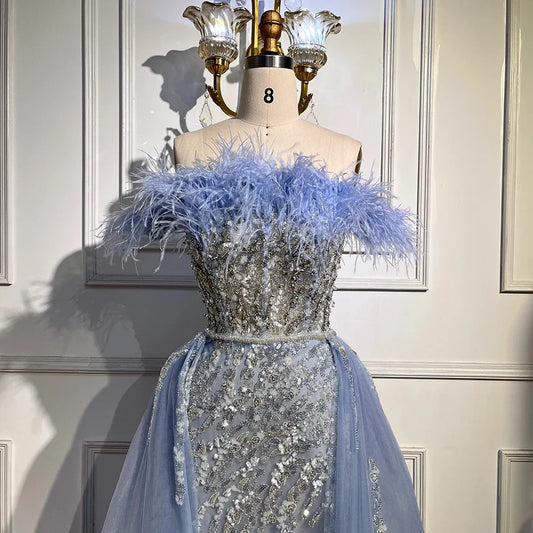 Luxury Blue Feather Beaded Mermaid Evening Dress with Overskirt LA72061