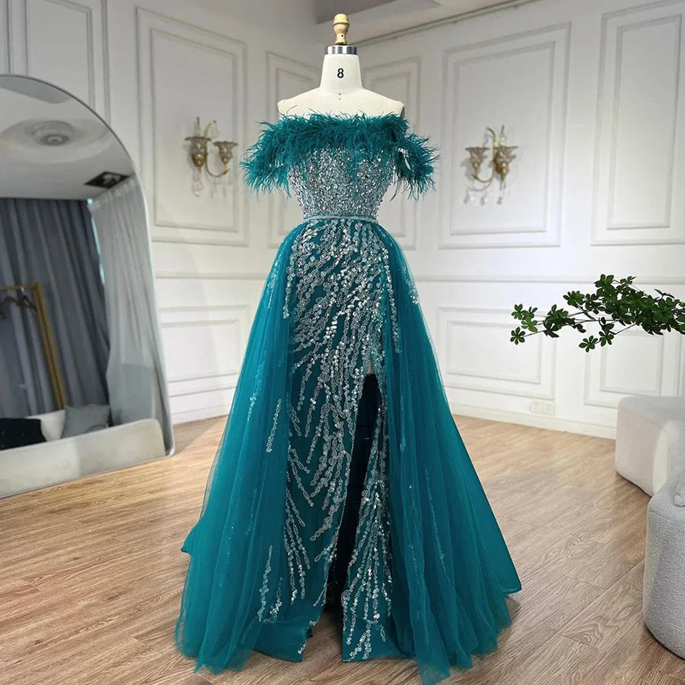 Luxury Blue Feather Beaded Mermaid Evening Dress with Overskirt LA72061