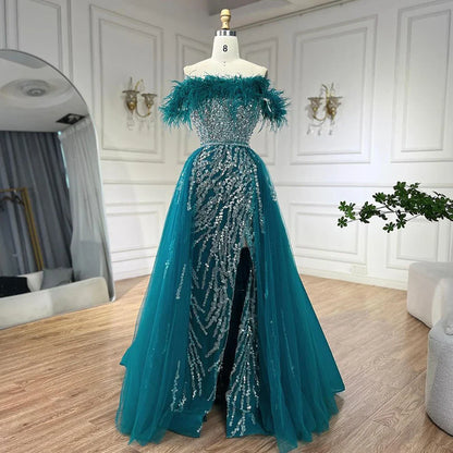Luxury Blue Feather Beaded Mermaid Evening Dress with Overskirt LA72061