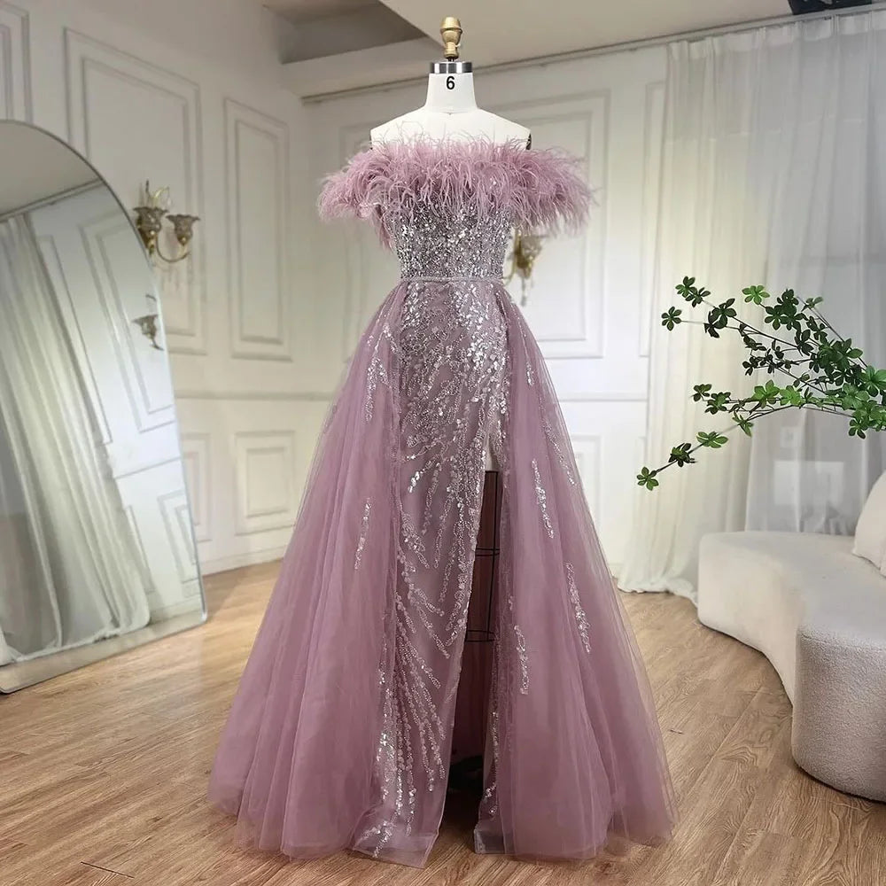 Luxury Blue Feather Beaded Mermaid Evening Dress with Overskirt LA72061