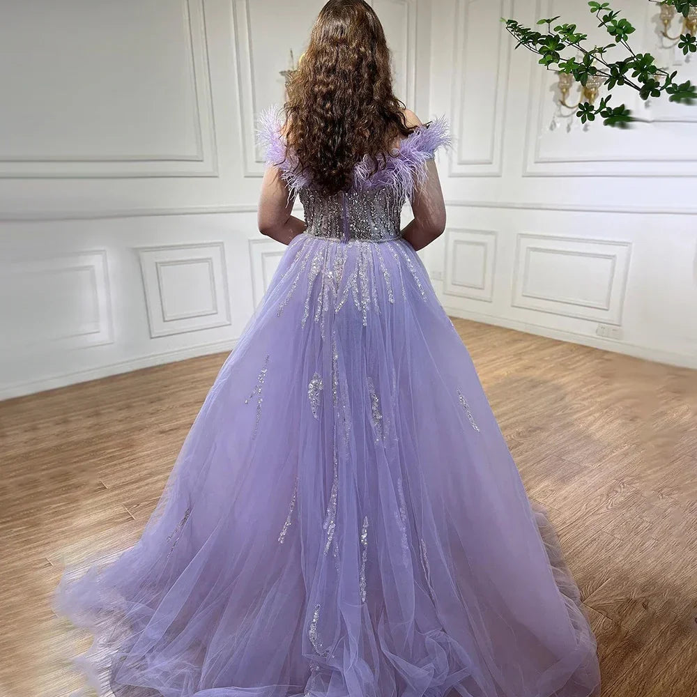 Luxury Blue Feather Beaded Mermaid Evening Dress with Overskirt LA72061