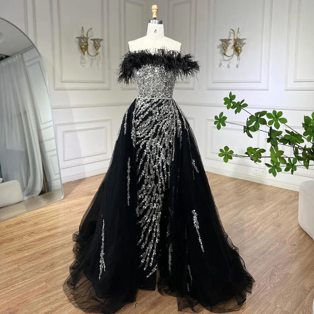 Luxury Blue Feather Beaded Mermaid Evening Dress with Overskirt LA72061