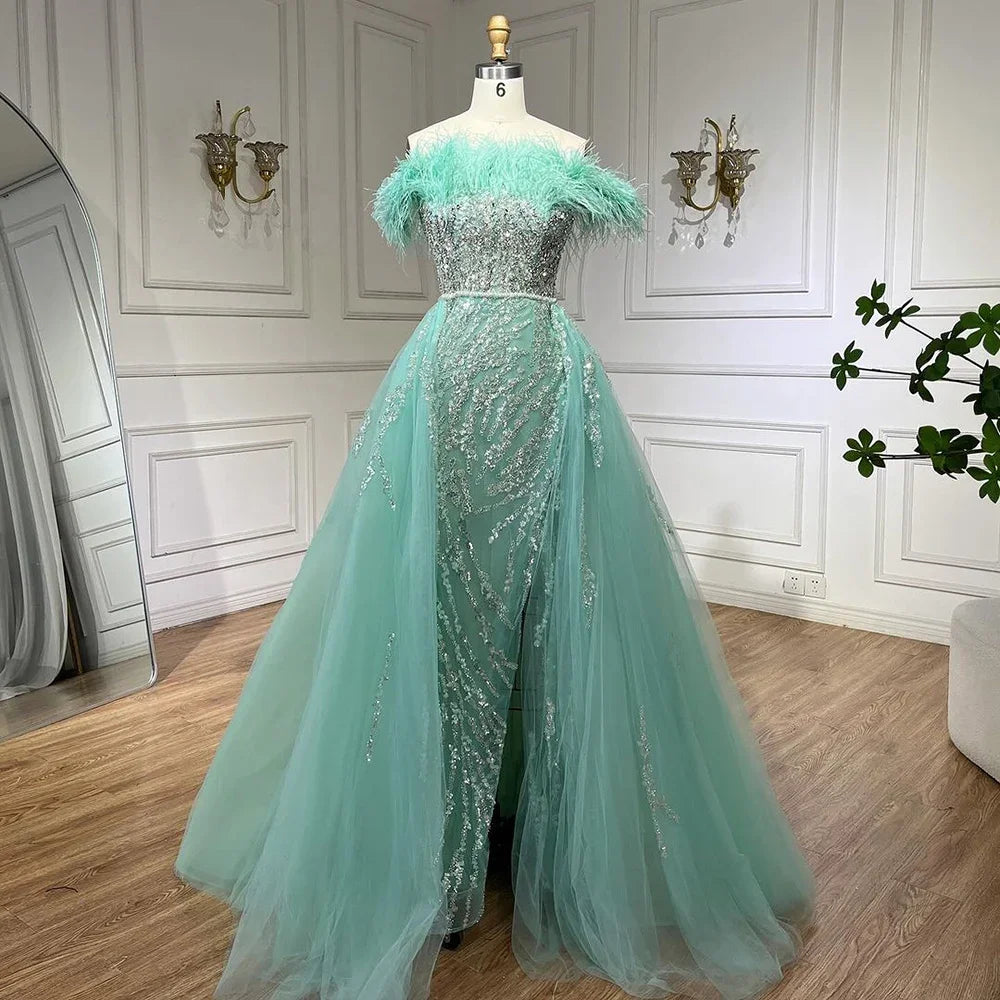 Luxury Blue Feather Beaded Mermaid Evening Dress with Overskirt LA72061
