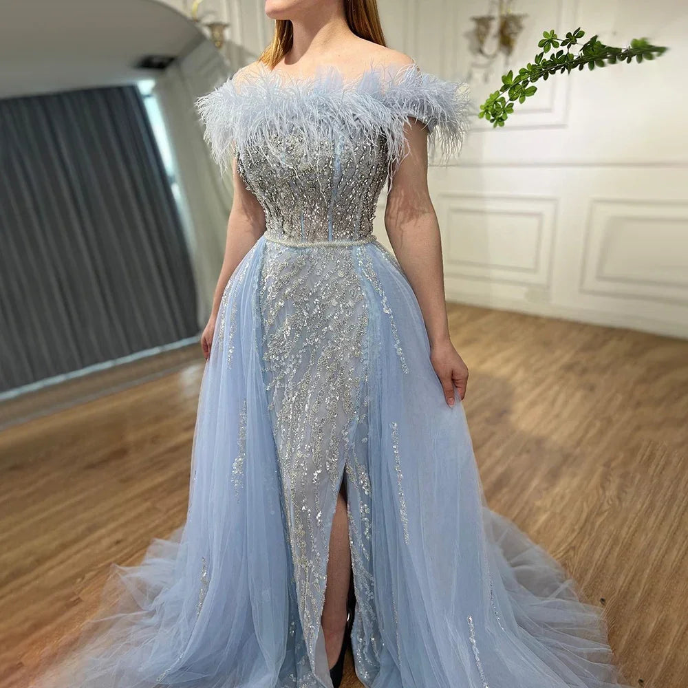 Luxury Blue Feather Beaded Mermaid Evening Dress with Overskirt LA72061