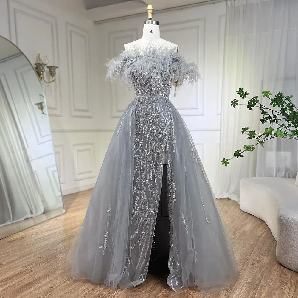 Luxury Blue Feather Beaded Mermaid Evening Dress with Overskirt LA72061