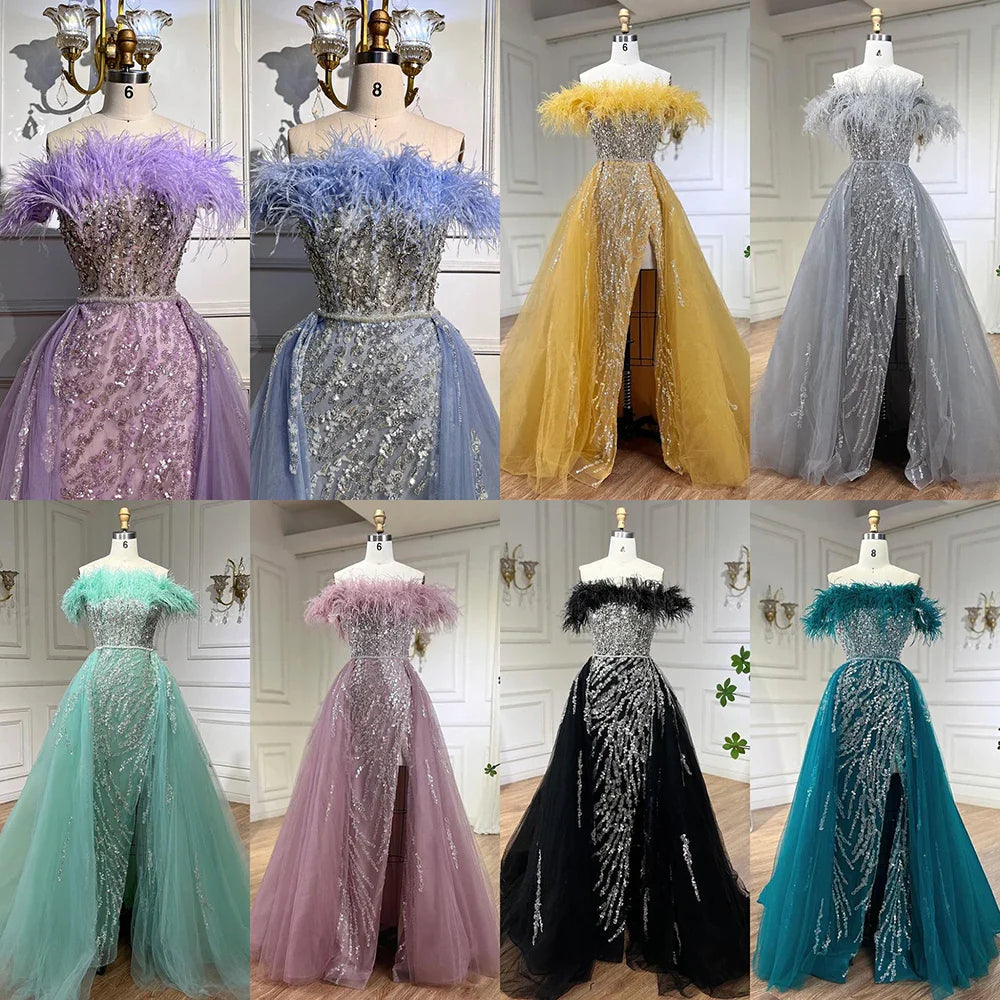 Luxury Blue Feather Beaded Mermaid Evening Dress with Overskirt LA72061