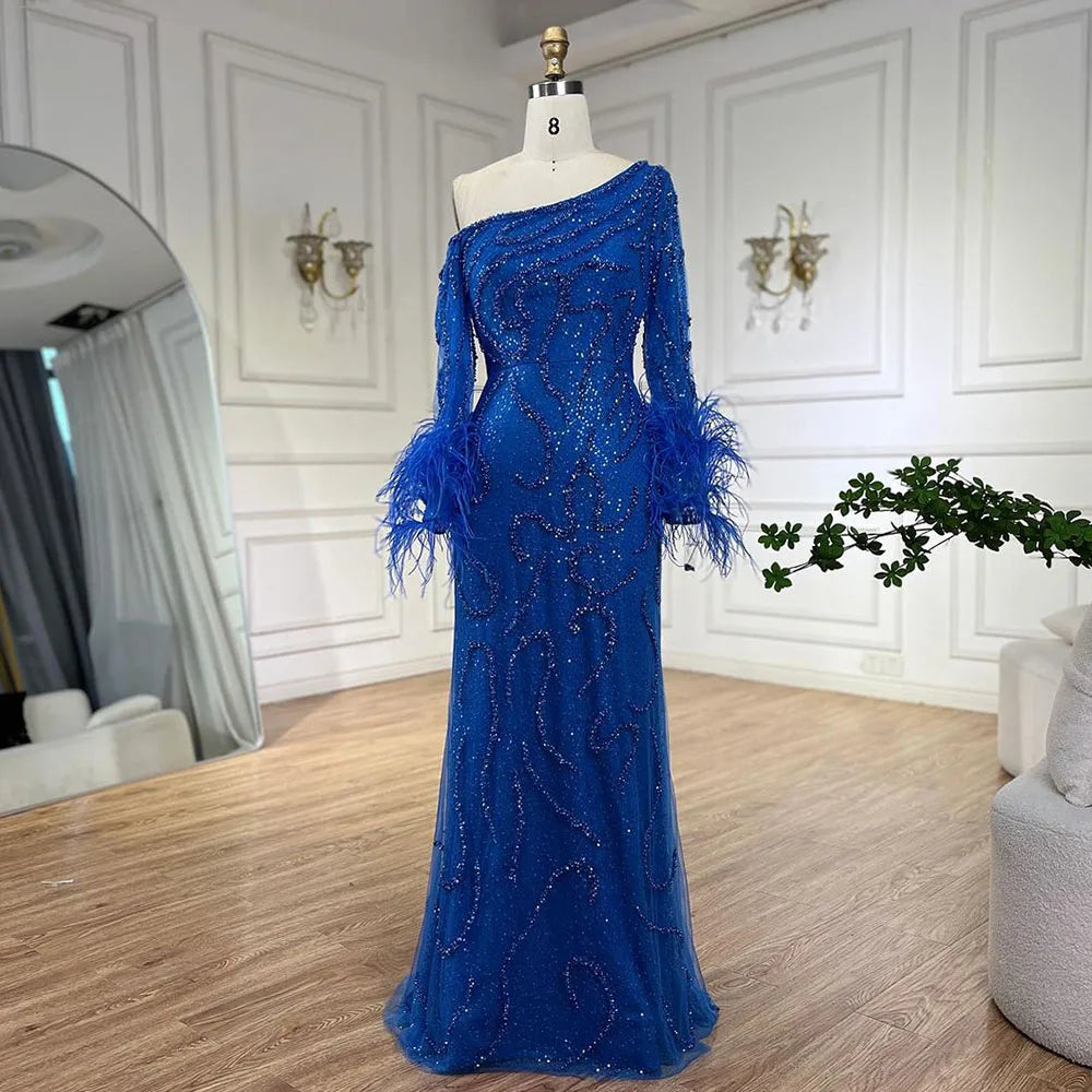 Royal Blue One-Shoulder Mermaid Evening Dress with Beads & Feathers LA72395
