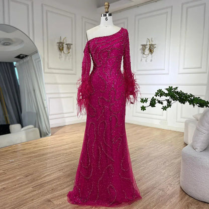 Royal Blue One-Shoulder Mermaid Evening Dress with Beads & Feathers LA72395