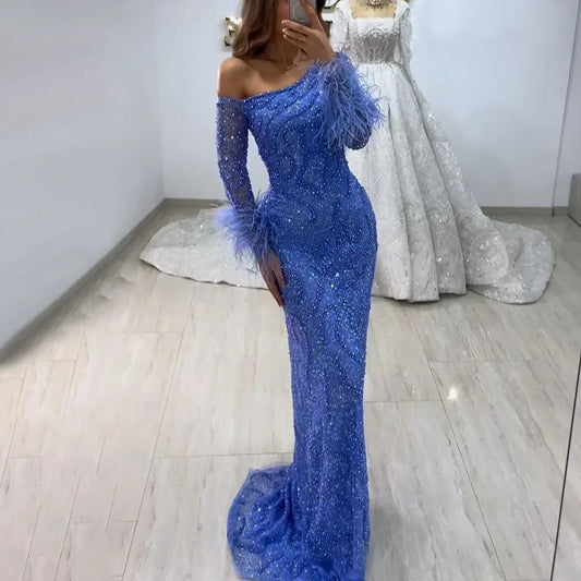 Royal Blue One-Shoulder Mermaid Evening Dress with Beads & Feathers LA72395