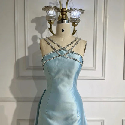 Elegant Light Blue Satin Arabic Evening Dress with Overskirt LA72524