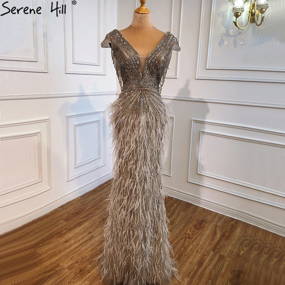 Luxury  Brown Mermaid Elegant Beaded Evening Dress Gown with Feathers LA70801