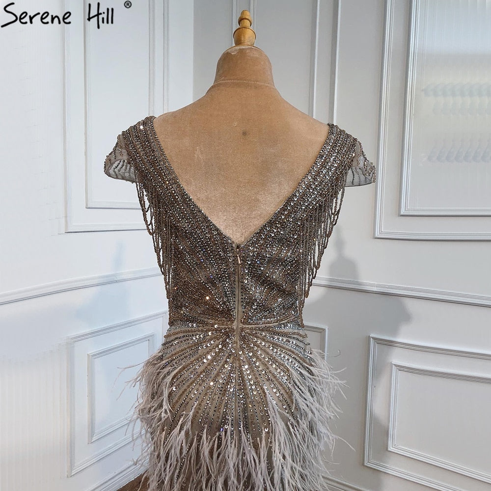 Luxury  Brown Mermaid Elegant Beaded Evening Dress Gown with Feathers LA70801