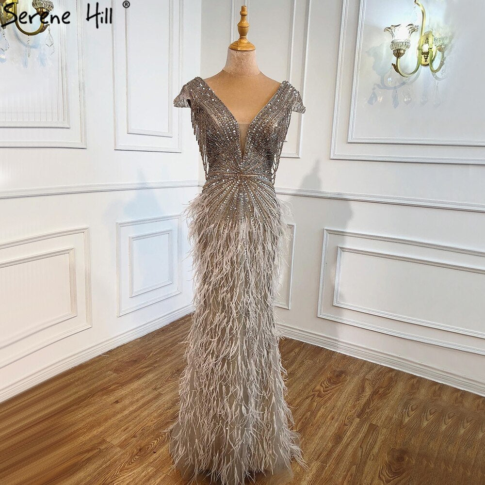 Luxury  Brown Mermaid Elegant Beaded Evening Dress Gown with Feathers LA70801