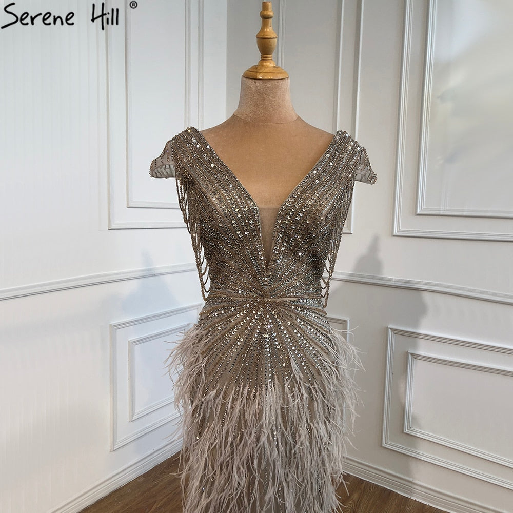 Luxury  Brown Mermaid Elegant Beaded Evening Dress Gown with Feathers LA70801
