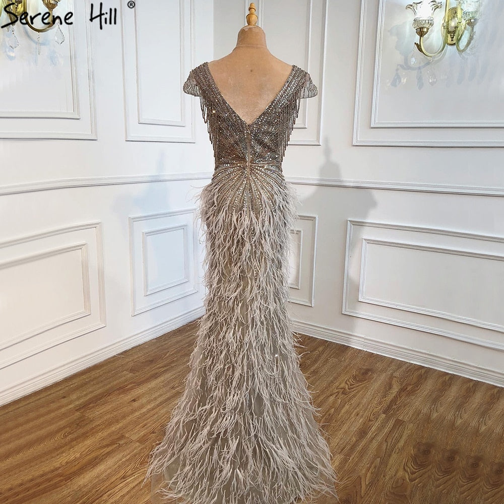Luxury  Brown Mermaid Elegant Beaded Evening Dress Gown with Feathers LA70801